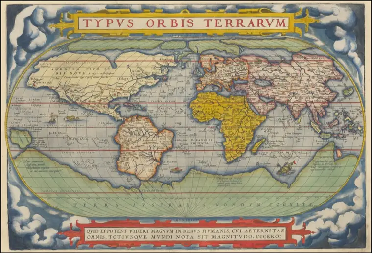 Abraham Ortelius's 1572 world map, dense with coastlines, labels, and cartographic ornament