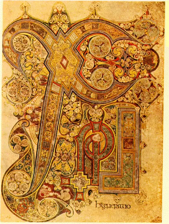 The Chi Rho page of the Book of Kells, densely ornamented with medieval manuscript decoration